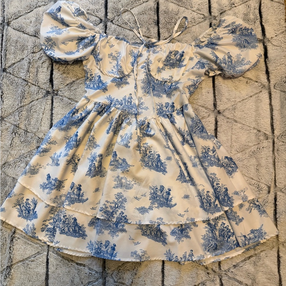 SHEIN Blue and White Toile Puff-Sleeve Dress